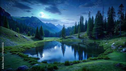 Night lake in the mountains:the moon creates a fiery reflection on the water.Bright colors of the night:photo of a mountain lake with moonlight.Photo:Moon lake in the mountains, surrounded by greenery
