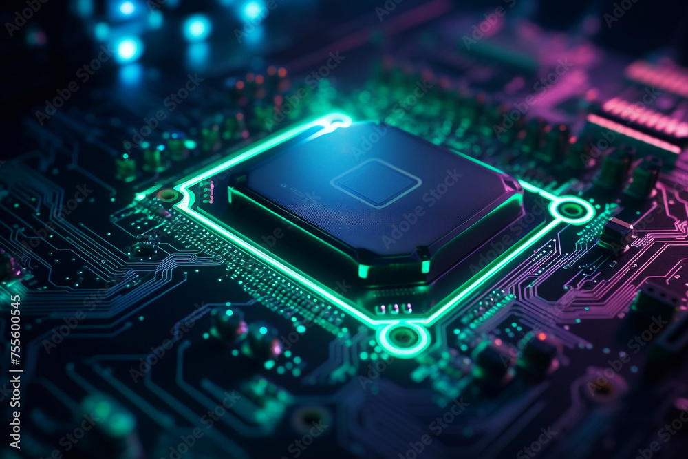 Fototapeta premium close up computer chip processor with luminent colors