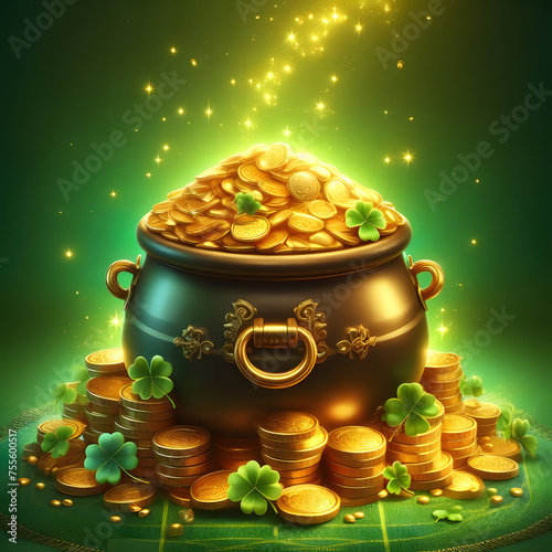 Pot of gold, St. Patrick’s Day , isolated on a green background, Celebrating Patrick's day, Shamrock Pot of Gold 