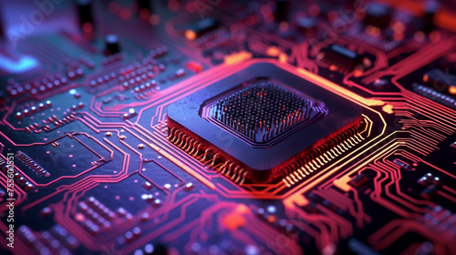 close up computer chip processor with luminent colors