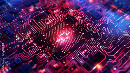 close up computer chip processor with luminent colors