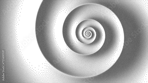 Abstract spiral background in stippling style. Fibonacci spiral background. Golden section. Pointillism. Dotwork. Noisy grainy shading using dots. Vector illustration