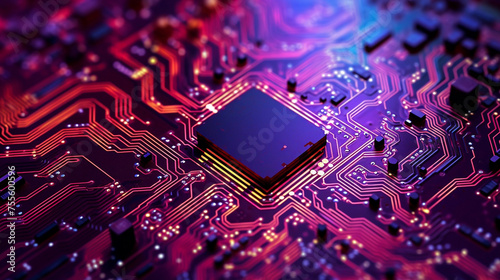 close up computer chip processor with luminent colors