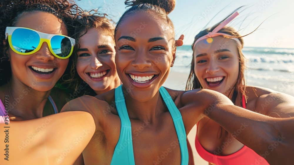 Group of happy friends taking selfie photo with smartphone in summer vacation - Young people having fun together at aqua park - Focus on left woman face - Youth lifestyle, holidays concept