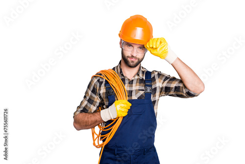 Foto Portrait of virile harsh electrician with bristle in overall, shirt, having roll