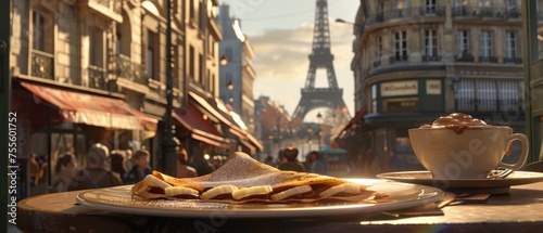 Delicious crepe with bananas on a Paris street, Eiffel Tower in the background, capturing the essence of French cuisine and culture. photo