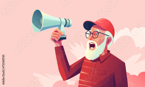 old man shouts into a megaphone vector flat isolated illustration