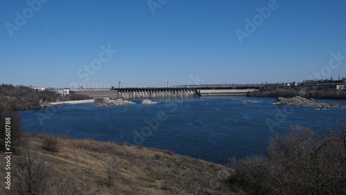 Dnieper Hydroelectric Station. View from the island Khortytsya. Zaporozhia, Ukraine photo