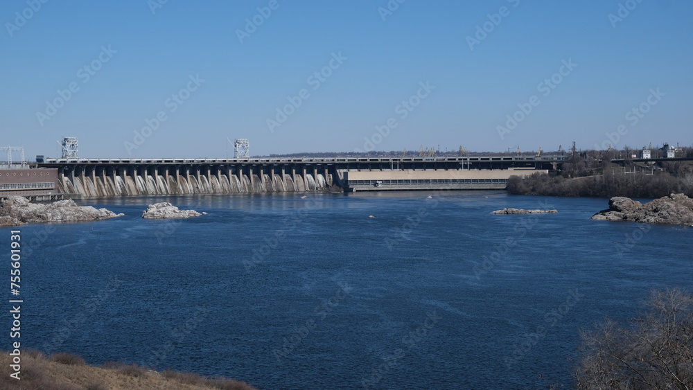Dnieper Hydroelectric Station. View from the island Khortytsya. Zaporozhia, Ukraine