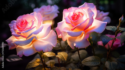 Jolies roses de jardin  color  es. De couleur rose et blanc. Nature  fleurs  beaut  . Coucher de soleil. Lumi  re tamis  e  printemps. Pour conception et cr  ation graphique.