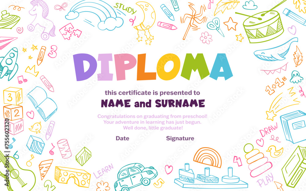 Colorful school and preschool diploma certificate for kids and children in kindergarten or primary grades with doodle elements on blue background. Vector cartoon flat illustration