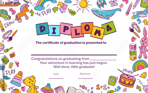 Colorful school and preschool diploma certificate for kids and children in kindergarten or primary grades with doodle elements on blue background. Vector cartoon flat illustration