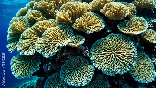 Vibrant mushroom leather corals flourishing on a tropical reef, displaying rich textures and marine biodiversity.