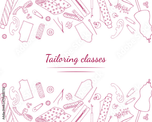 Tailoring courses banner template. Hand-drawn sewing elements. Sewing course for beginners.