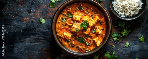 Artistic and Simple Paneer Butter Masala Dish. Concept Paneer Butter Masala Recipe, Indian Cuisine, Vegetarian Dish, Creamy Tomato Gravy, Homemade Indian Food
