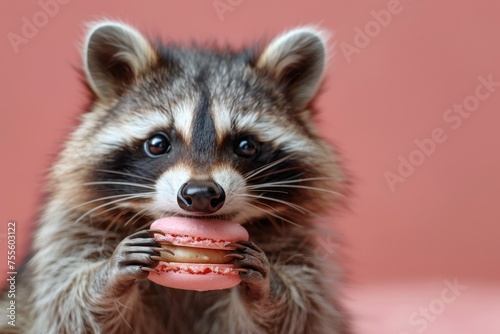 A curious raccoon holds a pink macaron between its paws, ready to take a bite. © artdolgov