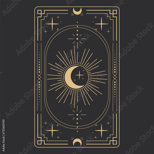 Alchemical esoteric mystical magic templates for tarot cards frame border with golden line celestial elements, esoteric astrology mystery ornament with moon, star isolated on dark background.