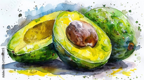Avocado painted in watercolor