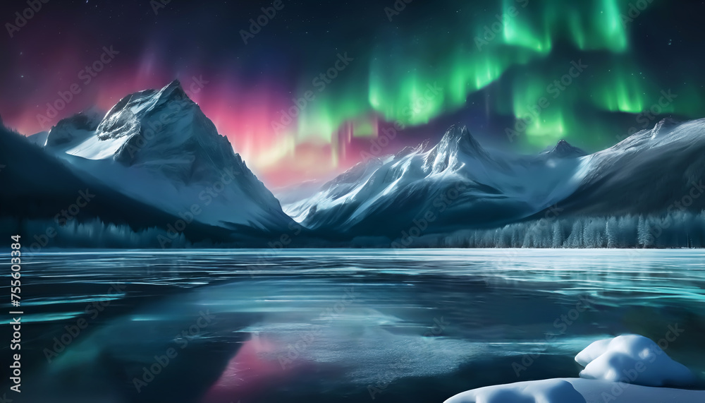 Glowing Aurora Over A Frozen Lake with Chain of Rocky Mountains Iceberg Landscape, Northern Lights Southern Lights Wallpaper, Beautiful Lights in Northern Night Sky