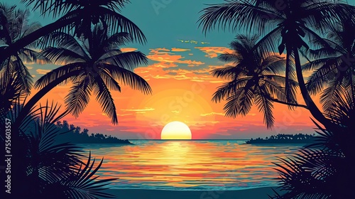 Tropical beach sunset vector illustration for printing on a t-shirt. Generative ai.