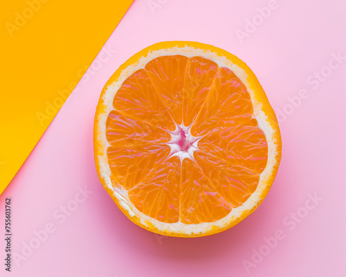 Half of orange on a pink and yellow background. Top view. Closeup