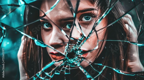 Girl in a broken mirror. Young woman in the reflection of a broken mirror