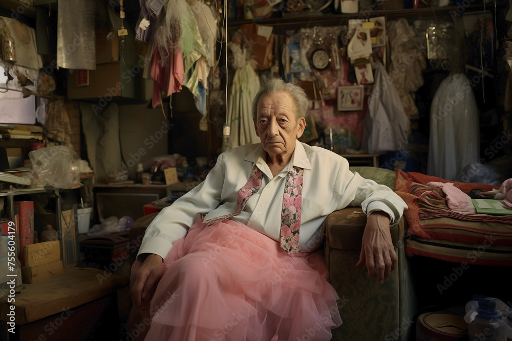Tailor man in pink dress poses confidently in a fashion store. Concept of traditional Mexican culture and lifestyle.