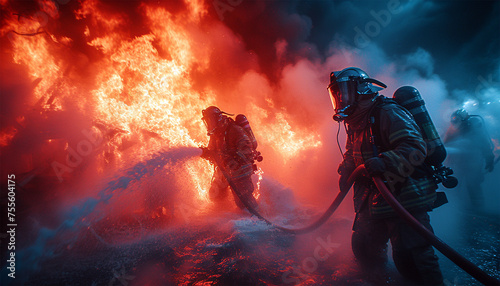 Experienced American Firefighter Extinguishing a building in the city. Professional in Safety Uniform and Helmet Using a Fire Hose to Battle Dangerous Wildfire Outbreak. © annebel146