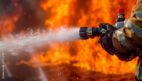 Experienced American Firefighter Extinguishing a building in the city. Professional in Safety Uniform and Helmet Using a Fire Hose to Battle Dangerous Wildfire Outbreak.