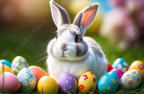 Easter bunny and colorful eggs on green grass, easter background