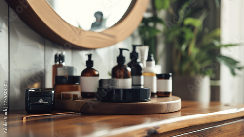 Personal care products for men on table.