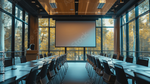 A conference room in an office equipped with a projector screen canvas, providing a professional setting for business meetings, presentations, and collaborative discussions