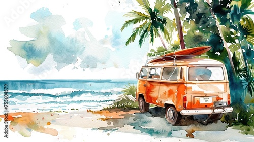 Watercolor illustration of minibus on a tropical beach with a surfboard on the roof