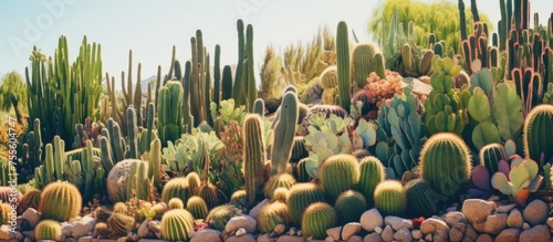 A vast field filled with a large group of cactus plants stretching into the distance. The landscape features various types of cacti, including green agave plants and succulents. The plants stand tall photo