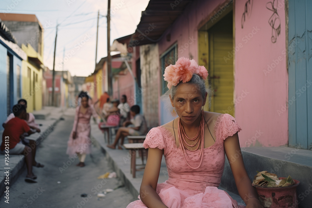 Portrait of elderly lady with flowers and pink dress with people out of focus in the background. Concept of traditional Mexican culture and lifestyle. - obrazy, fototapety, plakaty 