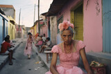 Portrait of elderly lady with flowers and pink dress with people out of focus in the background. Concept of traditional Mexican culture and lifestyle.