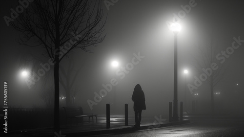 A person stands in the night  well-exposed against the urban backdrop  illuminated by the soft glow of streetlights