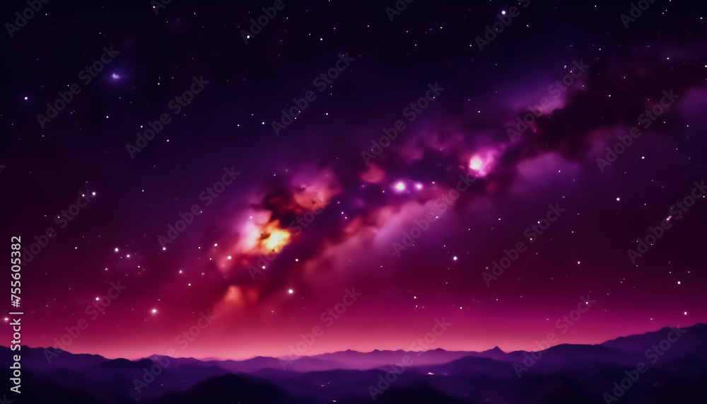 Illustration of Beautiful Red Night Sky Landscape. Sunset in the Horizon of a plain lowland Wallpaper.