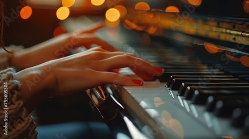 A serene female pianist is seen playing a melody on a synthesizer in a side shot with the background appearing fuzzy, Generative AI.