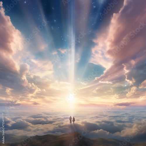 beautiful, symbolic illustrations depicting souls ascending to heaven. The ethereal artwork portrays a serene and tranquil journey towards the divine photo