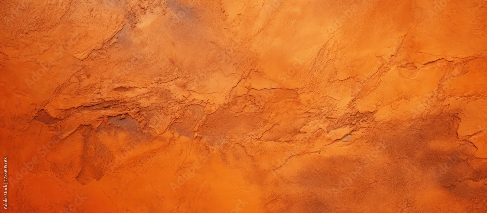 An abstract panorama showcasing an orange clay wall textured with streaks of brown paint, ideal for interior decoration. The wall exudes a rustic charm with its unique blend of colors.