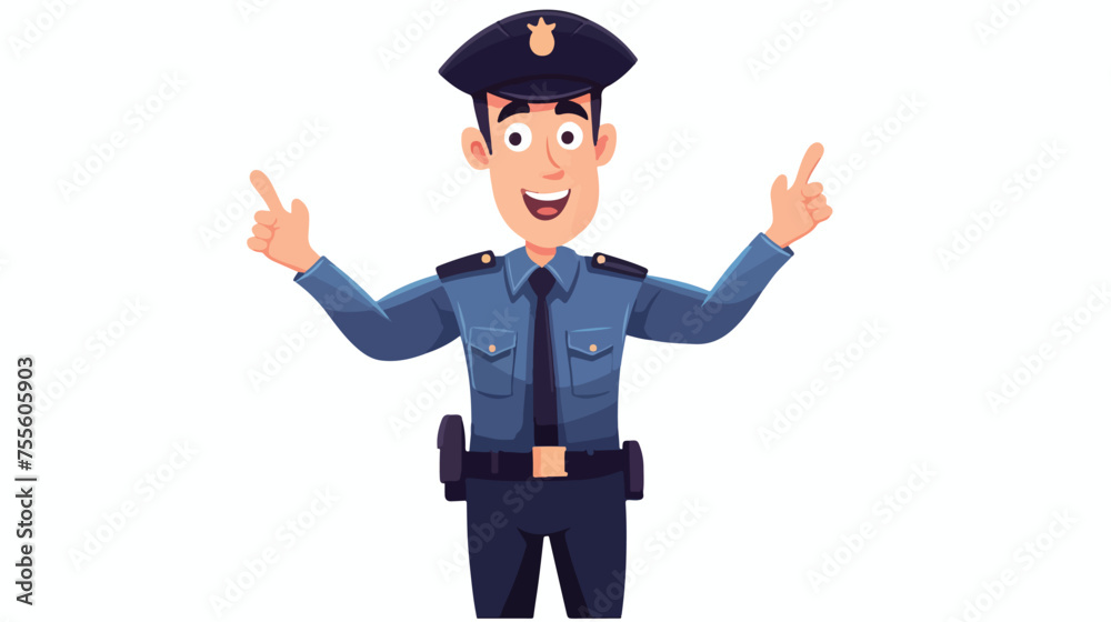Happy smiling policeman character making presentatio