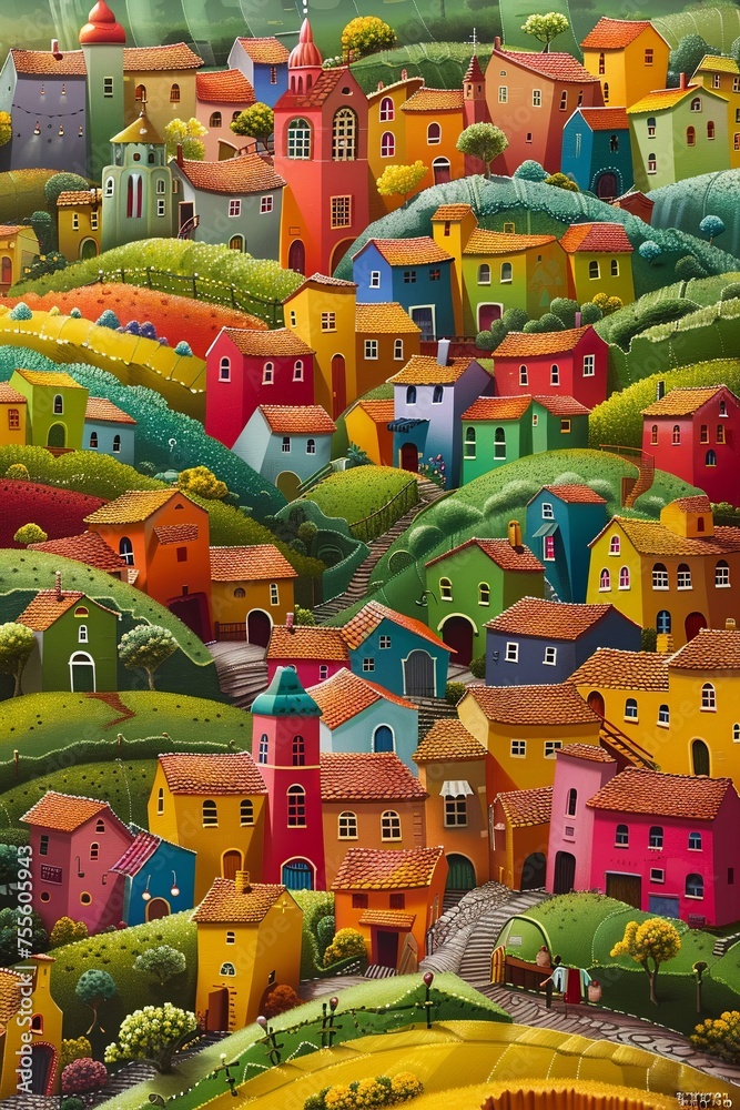 A cheerful countryside filled with rainbow-hued structures