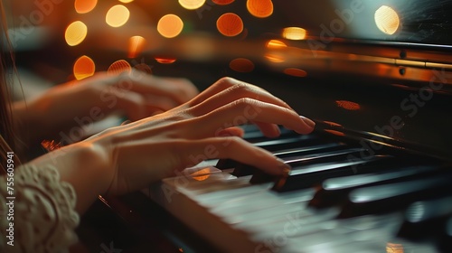 A serene female pianist is seen playing a melody on a synthesizer in a side shot with the background appearing fuzzy, Generative AI. photo