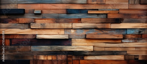 Close up view of a wall constructed with wooden planks  revealing the texture and details of the urban woodwork. The natural grains and patterns of the wood are visible up close.