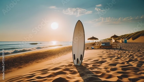 Surfboard Standing on the Beach at Sunset © Kuroneko Mac