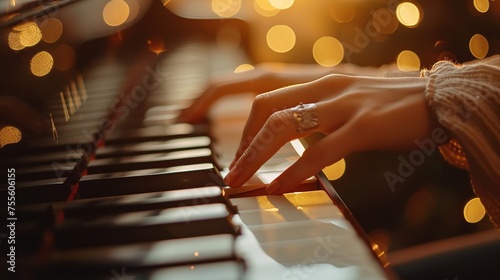 A serene female pianist is seen playing a melody on a synthesizer in a side shot with the background appearing fuzzy, Generative AI.