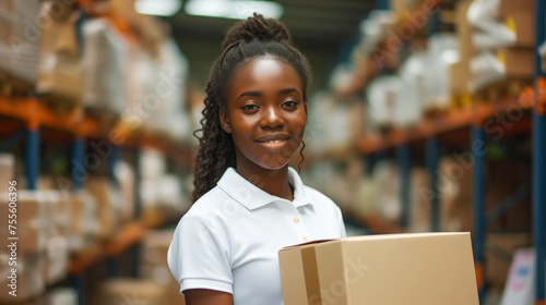 Smiling American African courier woman holding box against the background of warehouse. Delivery concept. Generative AI