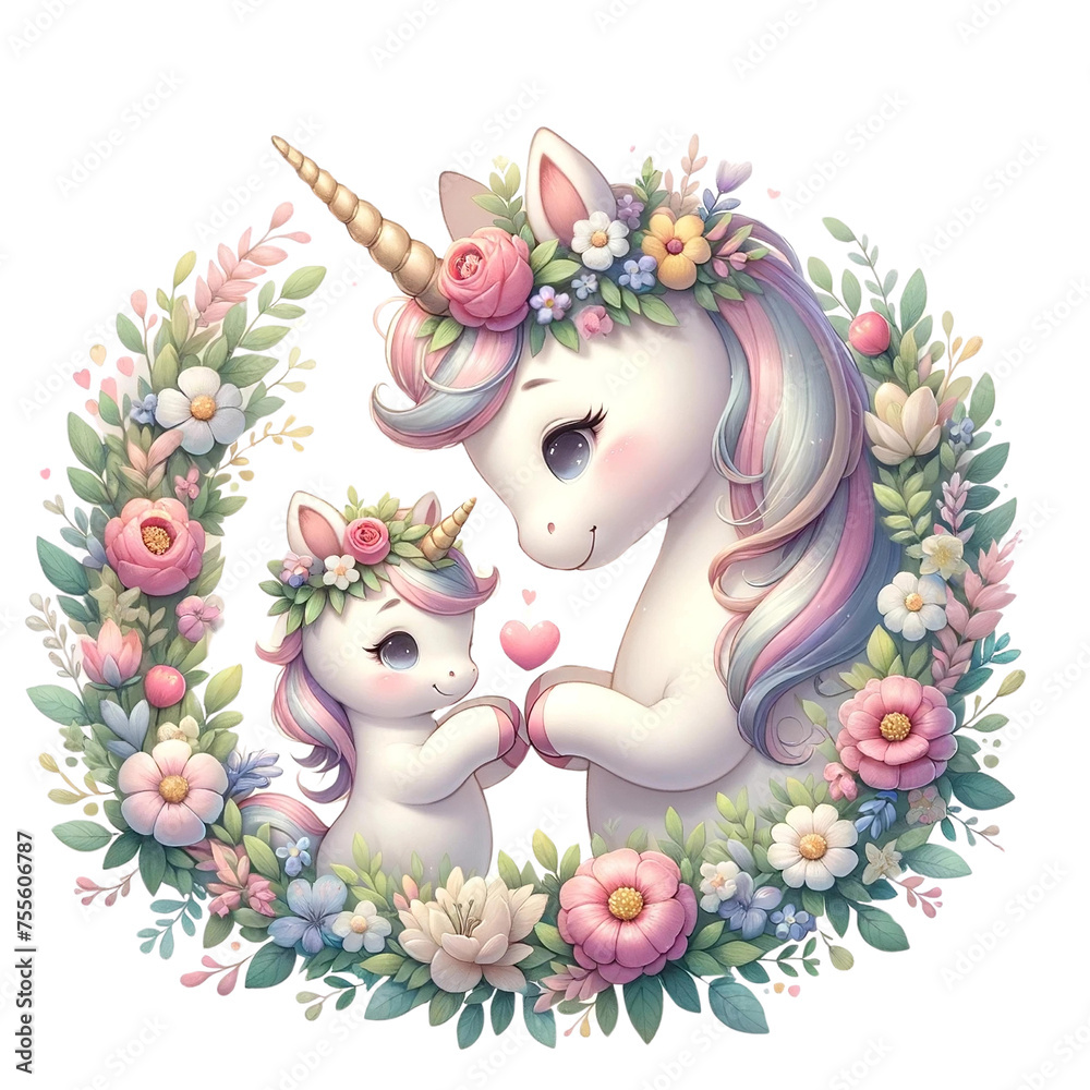 Unicorn Family with Floral Wreath in Whimsical Garden
