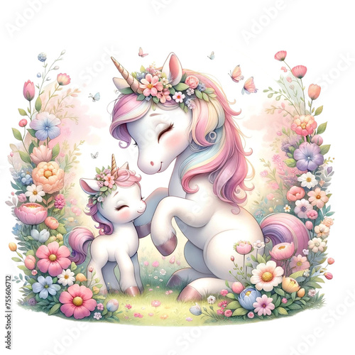 Unicorn Family with Floral Wreath in Whimsical Garden  © Metanee